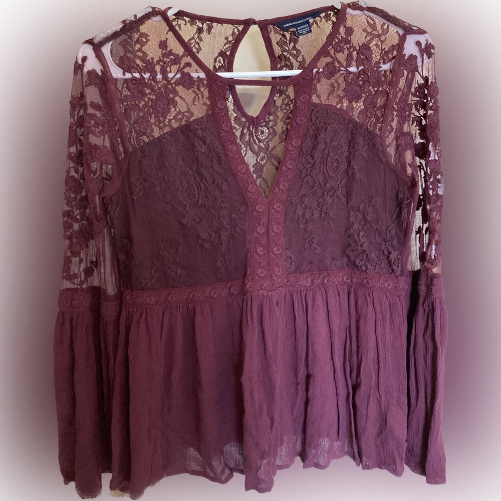 American Eagle Boho Lace Bell Sleeve Blouse Burgundy XS